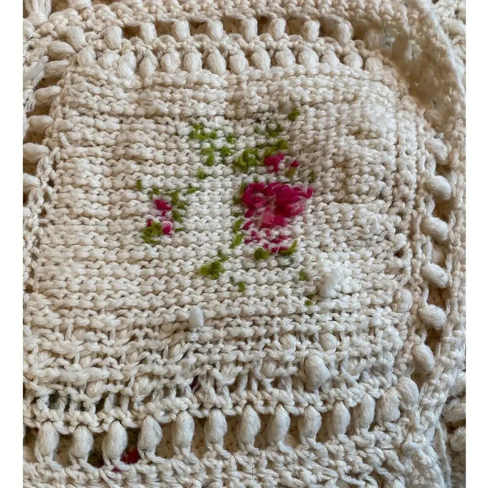 Handmade Grannycore Crochet Rose Ivory Throw Afghan Cottagecore, 50